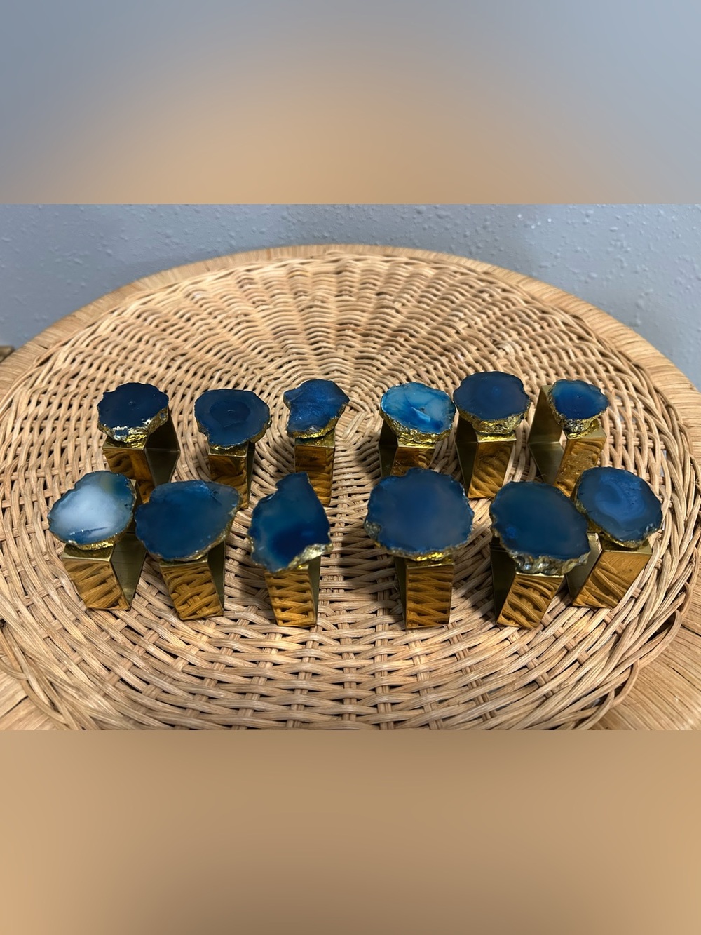 Set of 12 Blue Agate Napkin Rings Gold Trim